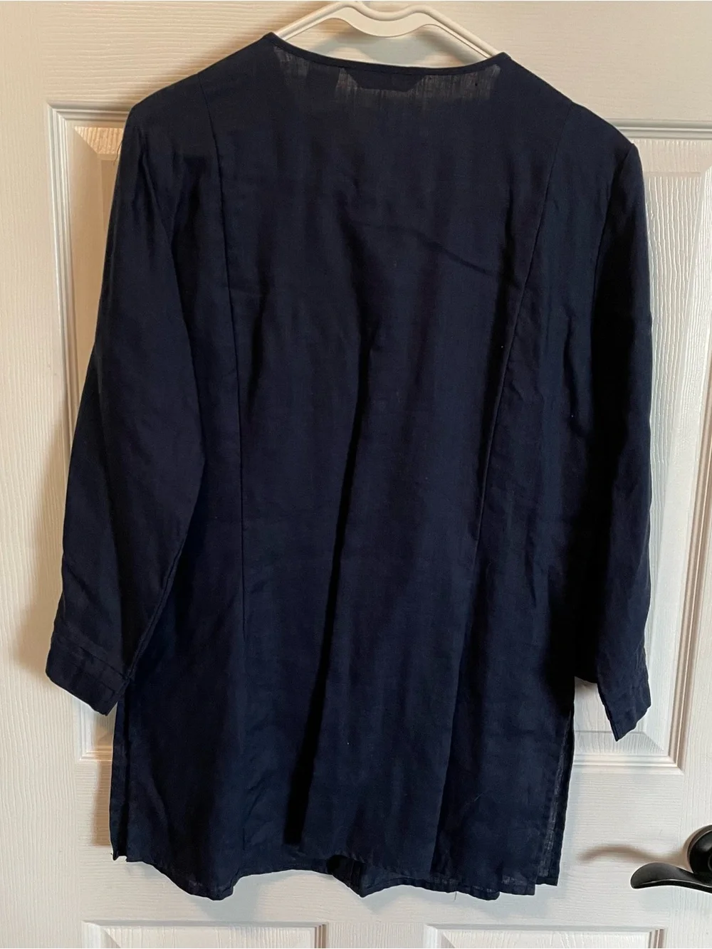 Vintage Tweeds Linen Tunic Blouse L Navy Blue Pintuck Button Front